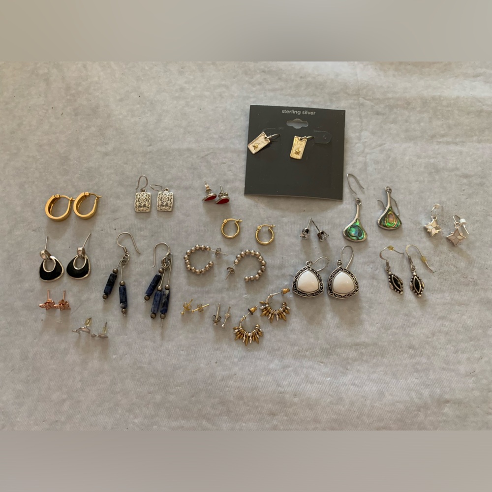 17 Pair Sterling Earrings Hoops Studs Vermeil MOP Abalone Coral